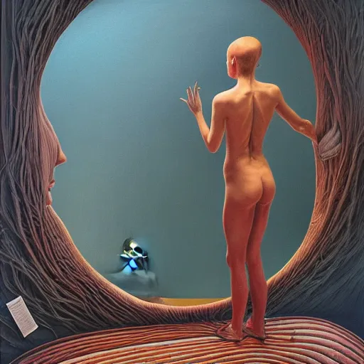 Image similar to a woman sees herself in the after life from the reflection of a mirror she is looking at by jacek yerka, alex gray, zdzisław beksiński, dariusz zawadzki, jeffrey smith and h.r. giger, oil on canvas, 8k highly professionally detailed, trending on artstation