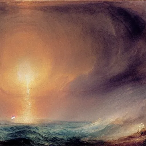 Image similar to a gigantic lovecraftian cyclope emerging from under the ocean, gazing to the sky, as in a turner's painting