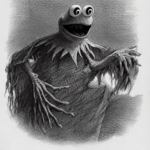 Prompt: full body grayscale drawing by Gustave Dore of Kermit the Frog as an undead monster, Sesame Street, swirling wispy smoke, intricate, very very detailed