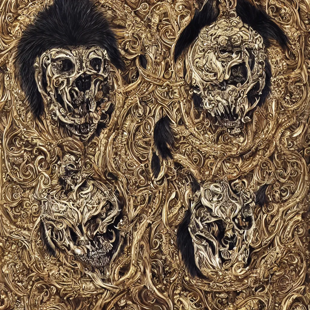 Image similar to photo portrait portrait of femine puma with skull pendant, wolf skull pedant, golden fur, symmetric, intricate skeletal decorations on ornate silks, symmetry, highly detailed, concept art, ornaments, black, red, white, gold layers, super moon, style of nekroxiii, hyperrealistic