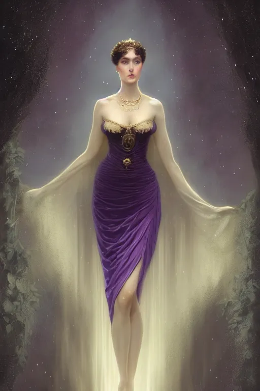 Prompt: Nocturne, glowing, stars, a long-legged elegant evil woman, highly detailed, mysterious, ethereal, dressed in dark violet velvet, haute couture, illustration, dramatic lighting, soft details, painting, by Edmund Blair Leighton, Brom, Charlie Bowater, trending on artstation, faces by Tom Bagshaw, otto schmidt