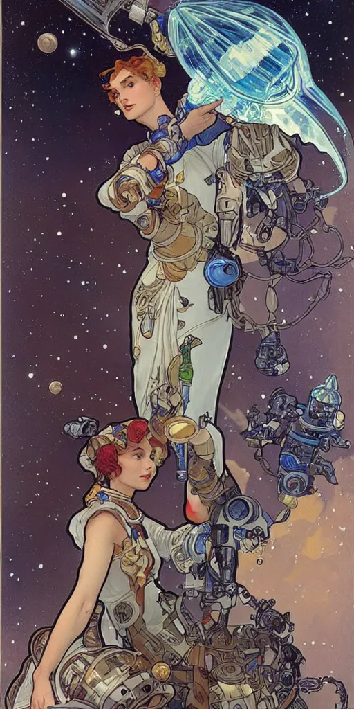 Prompt: a woman wearing outer space as a dress, pouring water from a vase into the milky way, by travis charest, by alphonse mucha, battle chasers.