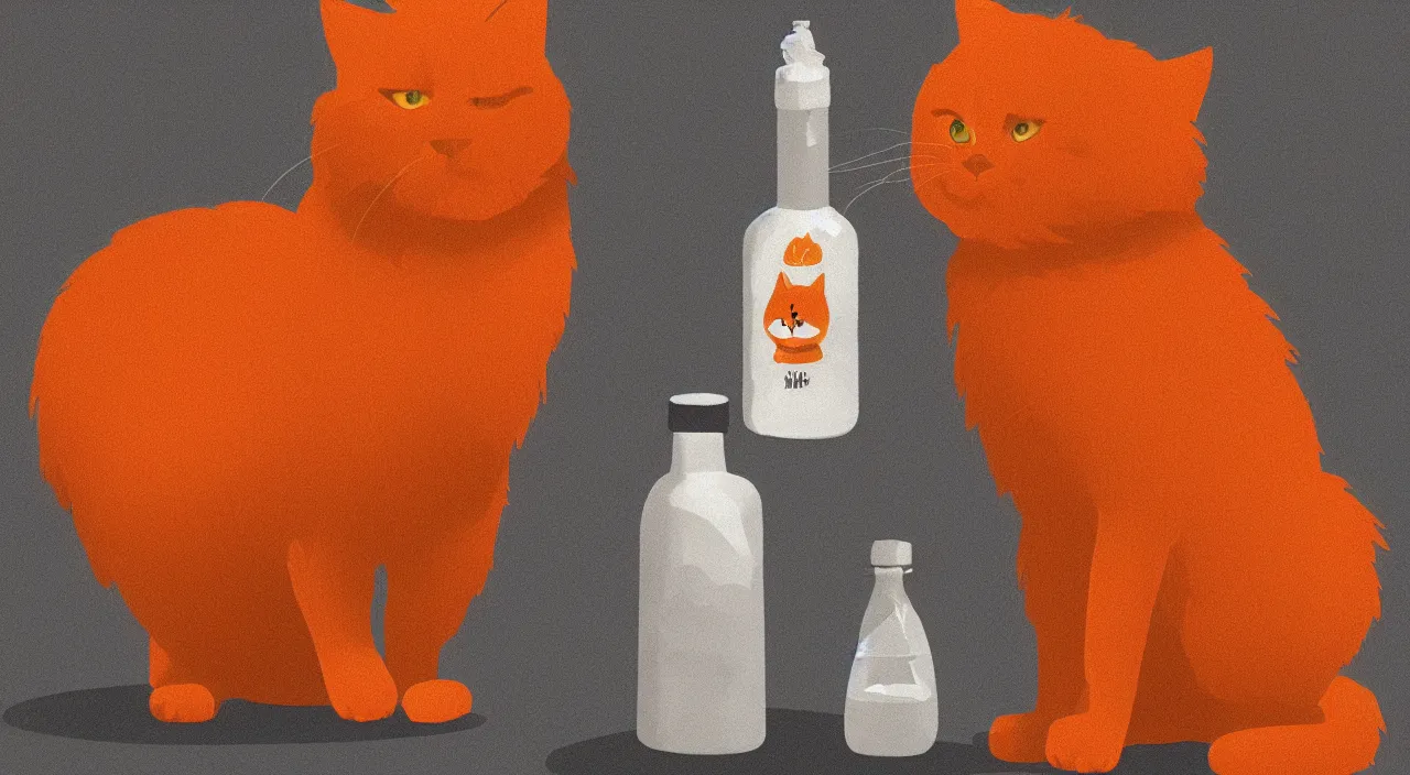 Prompt: a fluffy orange cat standing next to a bottle of medicine. animal. digital art. trending artstation. illustration. the bottle was standing next to a table,