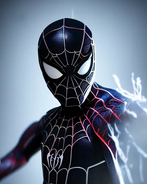 Image similar to photograph of a symbiote and spider - man hybrid, dslr, cinematic, volumetric lighting, 8 k resolution, photorealistic, octane render, 3 d render