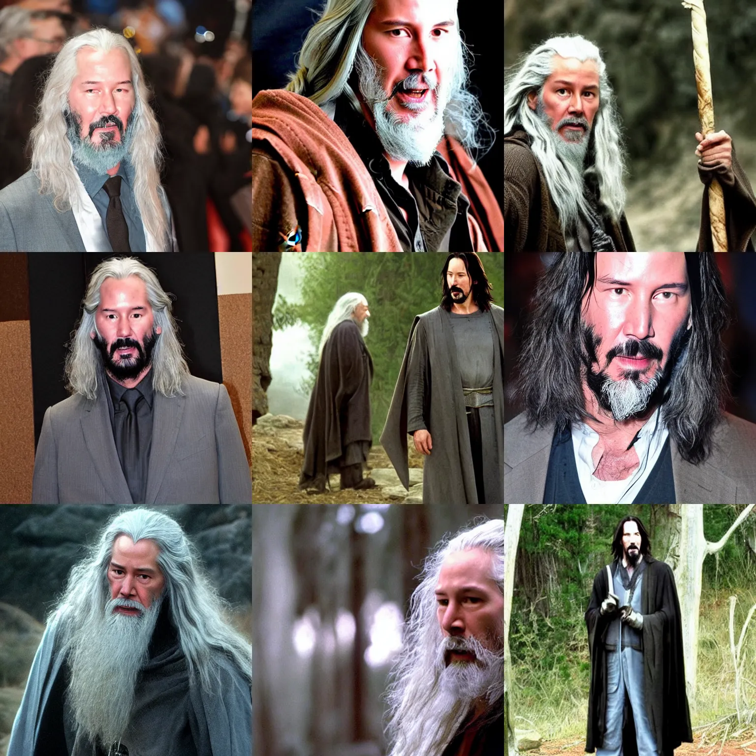 Prompt: keanu reeves dressed as gandalf, movie frame.