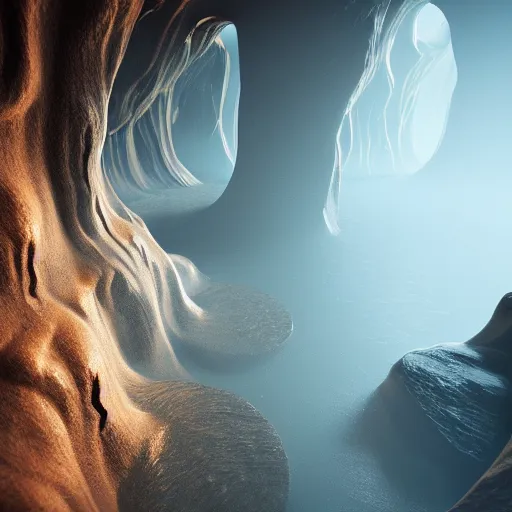 Prompt: light is mine to travel,beyond time ,the cathedrals in a canyon grotto of life the beginning , geological strata,ground mist, falling water,pools of water, hypermaximalist,micro details, 3d sculpture,,digital rendering,octane render , 4k, artstation, concept art , f22,deep depth of field,photographic, wide angle,cinematic lighting