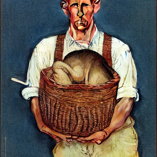 Image similar to a tank - like, fair skinned man with large ears and a big nose. he has frizzy, black hair, seems boring, has long, neat mutton chops, and he has a large scab on his left ear. he is carrying a basket. realism. photo realistic. norman rockwell. repin