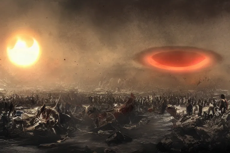 Image similar to concept art of realistic blood tsunami crash to city center in the middle of eclipse, artstation, old testament angels with 10 eyes rise, people