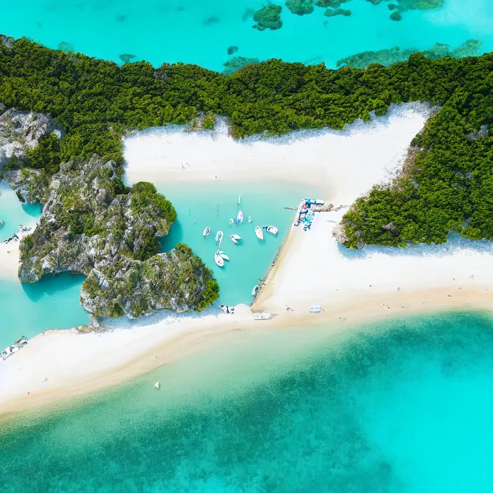 Prompt: an aerial perspective of a crystal clear bay, beach, turquoise ocean, yachts anchored in the bay, photo - realistic, highly detailed, calm, serene