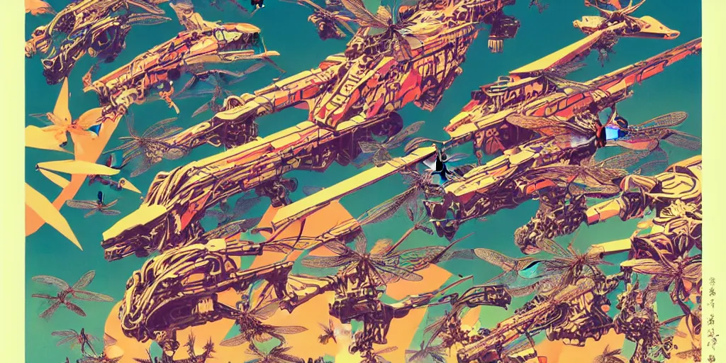 Image similar to risograph rendition, gigantic mecha arzach birds with dragonflies, tiny rats, a lot of exotic animals around, big human faces everywhere, helicopters and tremendous birds, by satoshi kon and moebius, matte colors, surreal psychedelic design, crispy, super - detailed, a lot of tiny details, fullshot