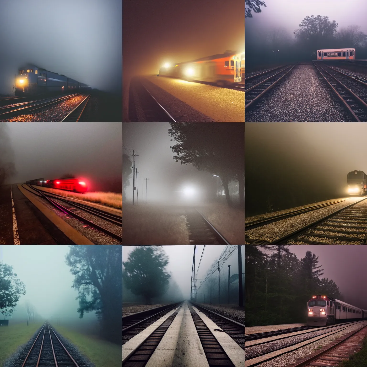 Prompt: a train approaching on a foggy evening, horror movie cinematography