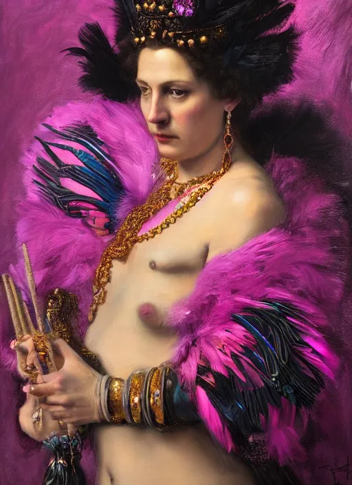 Prompt: highly detailed oil painting | very intricate | cinematic lighting | black, magenta and turquoise color scheme, dark background | the queen of heaven by jake hicks, dressed in feathers | by roberto ferri, by gustav moreau, by singer sargent and klimt, american romanticism, occult art | by austin osman spare, artstation, cgsociety, official art, octane