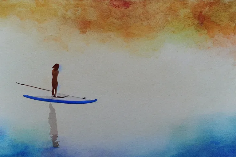 Image similar to beautiful serene person on a paddle board sup, healing through motion, life, minimalistic golden and ink airbrush painting on white background