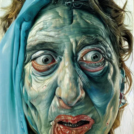 Image similar to high quality high detail painting by lucian freud and jenny saville, hd, crazy demonic witch, turquoise