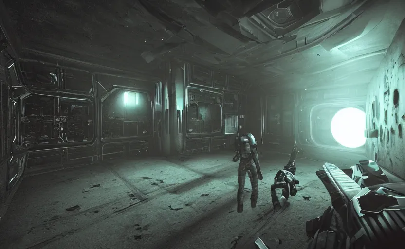 Image similar to in - game screenshot, horror game, astronaut, cosmic horror, inside spaceship, unreal engine 5, ultra, third person