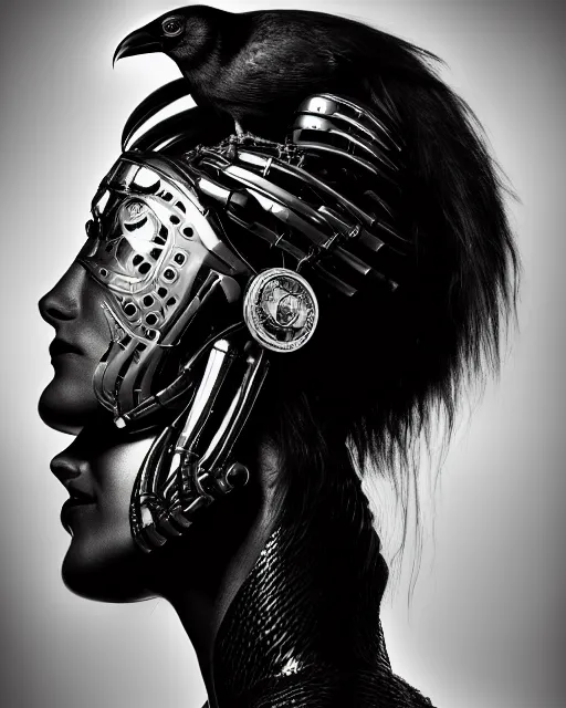 Image similar to a profile portrait, a stunning young woman - cyborg with a mutant crow head, editorial photography, bw, by roman sustov, by hr giger, shot on 7 0 mm, depth of field, f / 2. 8, high contrast, 1 6 k, volumetric lighting, shiny, insanely detailed and intricate, hypermaximalist, elegant, ornate