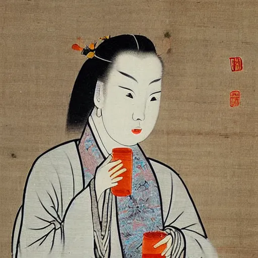 Prompt: the Chinese ancient painting of a lady drinking XO in Tang Dynasty , by Han Xizai