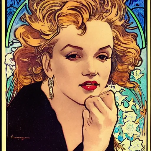 Prompt: marilyn monroe portrait by louis - theophile hingre and alphonse mucha, realistic, sharp focus, zodiac signs, tarot cards, planets, ethereal, art nouveau, magic, moon, sun, smart, wisdom, royal, jewellery