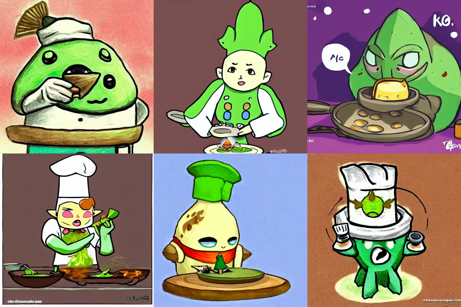 Prompt: a cute drawing of a korok from Legend of Zelda: Wind Waker wearing a chefs hat cooking with a skillet