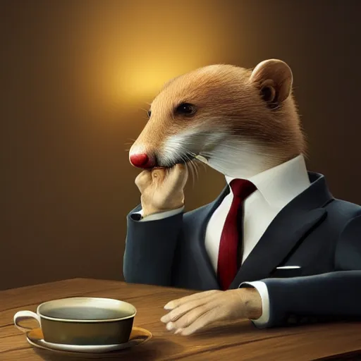 Image similar to a weasel in a suit was drinking tea, surrounded by tea houses ambient lighting, 4 k, russ mill, artstation