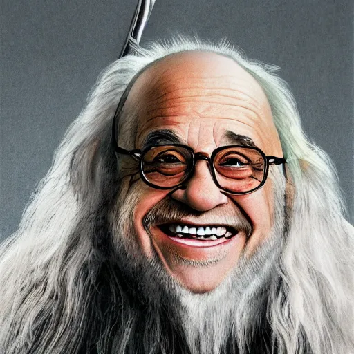 Image similar to portrait danny devito as gandalf, deviantart, smile, ultra realistic illustration, final fantasy, high quality, full color