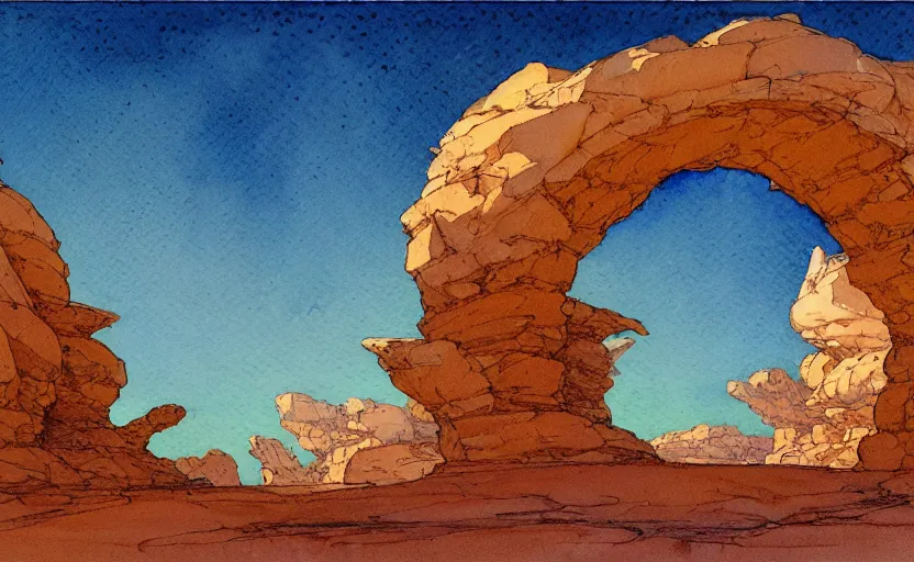 Prompt: a hyperrealist watercolour concept art of a desert night. through a large rock arch is a clear blue sky. by rebecca guay, michael kaluta, charles vess and jean moebius giraud. high detail, hq, wide shot