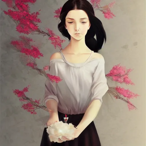 Image similar to little girl with her long black hair dressed in a simple white dress putting flowers on hair, anime art style, digital artwork made by ilya kuvshinov, inspired in balthus