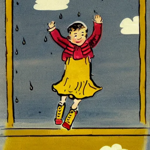Prompt: vintage children’s book illustration little boy jumping in puddles in the city after the rain wearing yellow boots