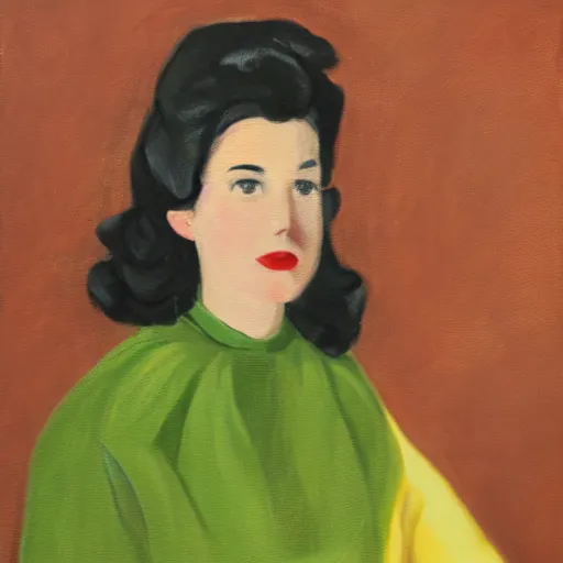 Prompt: a close up of a young woman from the fifties, seated in front of a landscape background, her black hair is a long curly, she wears a dark green dress, pleated in the front with yellow sleeves, puts her right hand on her left hand, oil painting