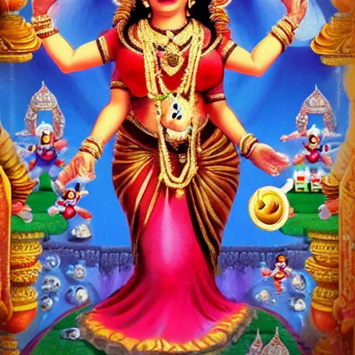 Image similar to supermario as durga hindu god with many arms sprawled out behind her,