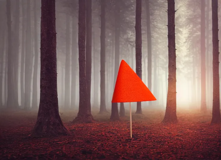 Image similar to a forest with an orange cone scattered about, cinematic photo, atomspheric lighting, 2 4 mm lens, unreal, octane render, detaileld sharp, masterpiece, dynamic, surreal