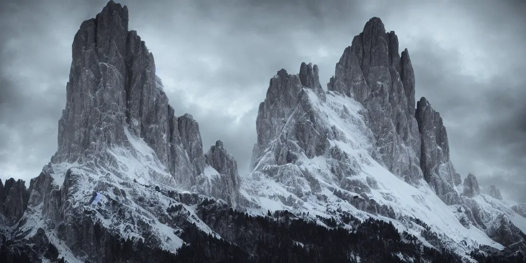 Prompt: beautiful dawn in the dolomites, dark, eerie, despair, portrait photography, artstation, highly detailed, sharp focus, by cronneberg