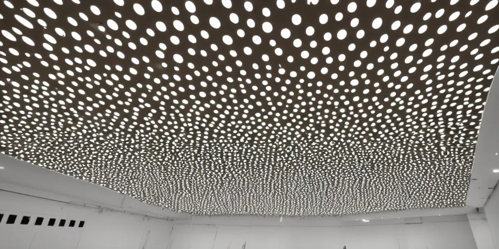 Prompt: Yayoi Kusama huge organic microorganisms lamps levitating on the ceiling no-gravity installation in white empty spacious space, maximum natural texture, white warm illumination, in low fog, 8k resolution, best color graded, vray beautiful, subsurface scatter, hyper-realistic render