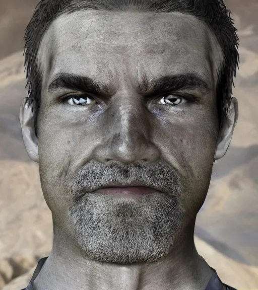 Image similar to portrait of muscular, tired and alcoholic 3 0 - year - ol 5 grieving man with short darkblonde hair, serious sad look in his eyes, looking down, dirty beard, blue eyes, crying tears, wearing dirty soldier uniform, on the desert, sad atmosphere, hyper realistic face, character art, art by mark brooks, cryengine, trending on artstation, digital art