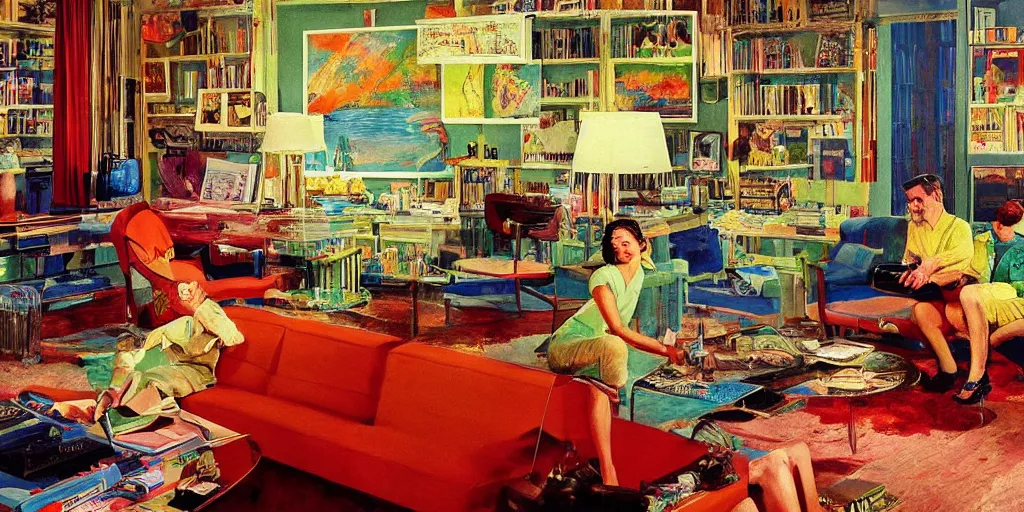 Prompt: detailed sharp photograph in the style of popular science circa 1 9 5 5 and gregory crewdson of a 1 9 5 0 s living room with art by leroy neiman