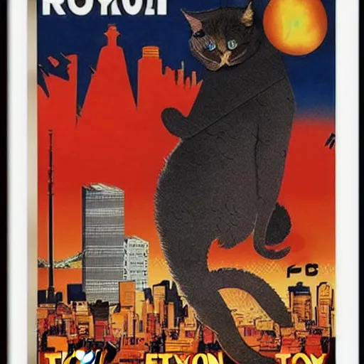 Prompt: giant evil cat destroys tokyo, poster