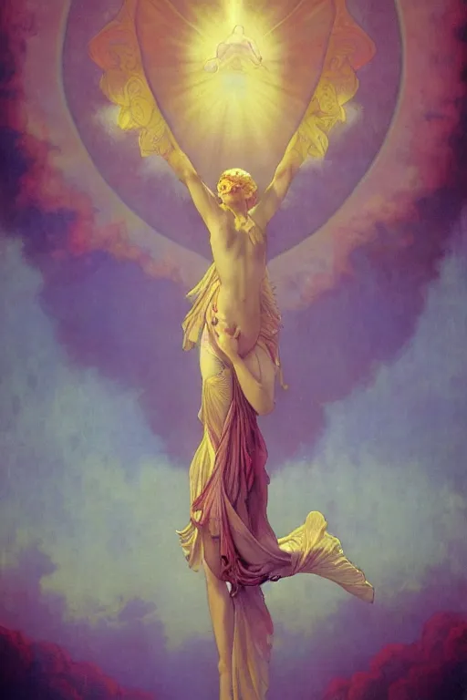 Image similar to at the gates of heaven she flies outside, symmetrical, by maxfield parrish, by gustave dore, by peter mohrbacher, by alphonse mucha, by karol bak, sharp focus, vivid color, rainbowshift, octane render, cgi, rule of thirds