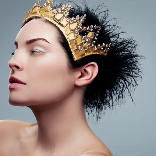 Prompt: woman with a crown of artistic synthetic brushes in her hair