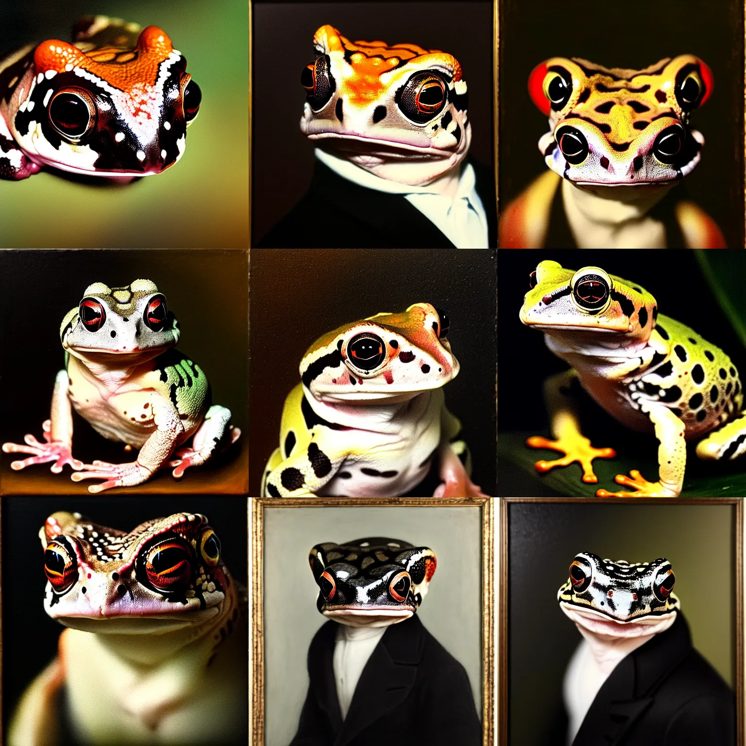 Prompt: a head - and - shoulders portrait of an amazon milk frog looking off camera wearing a black buttoned overcoat, an american romanticism painting, a portrait painting, cgsociety, soft focus, oil on canvas