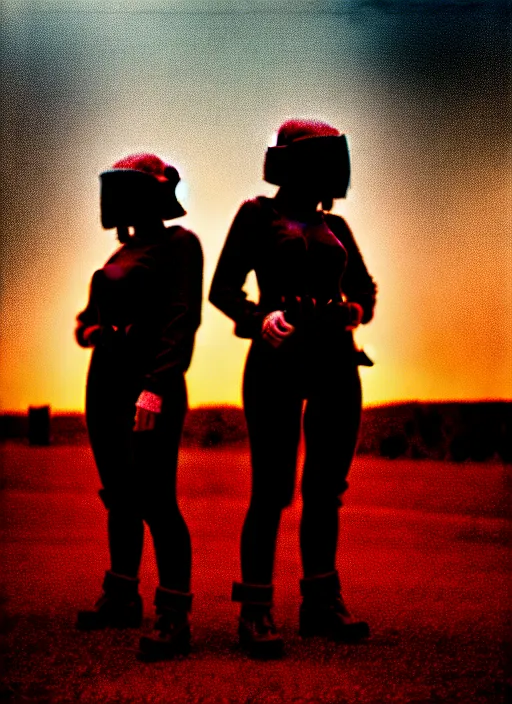 Prompt: cinestill 5 0 d photographic portrait of two loving clones, techwear women on a desolate plain with a red sky, a brutalist dark metal facility in the background, dust storm, depth of field, 4 k, 8 k, hd, full color