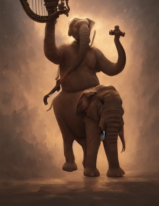 Image similar to painting of humanoid elephant wearing bard costume and holding a harp, epic, trending on artstation, masterpiece, cinematic lighting, by ross tran and by greg rutkowski