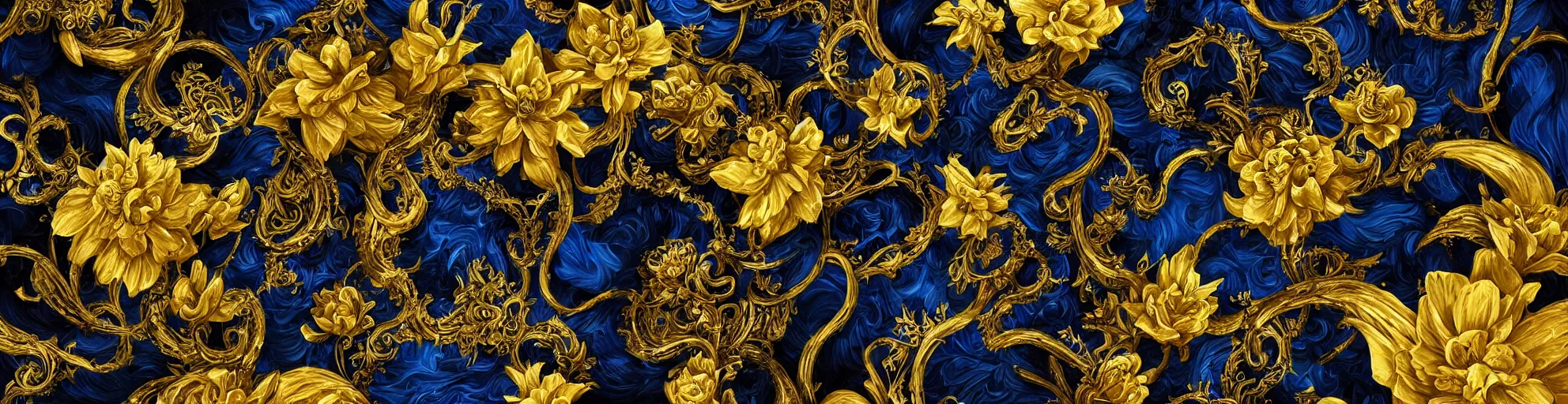 Prompt: black blue yellow beach, complicated gold and blue flowers the baroque style decoration, dark fantasy, intricate, elegant, highly detailed, digital painting, artstation, concept art, matte, 3 d 8 k octane rendered, sharp focus, illustration, octane rendered, art by artgerm