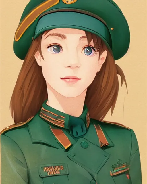 Image similar to portrait of young woman with light brown hair and hazel eyes dressed in a sharp dark teal military uniform with beret, smiling, ilya kuvshinov, anime