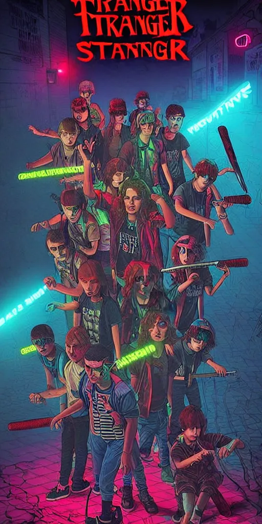 Image similar to young punk rockers fighting against zombies at the playground, by baseball bat in the retro wave stranger things style, neon colors, hyper detailed, digital art, cinematic lighting, concept art by artgerm and greg rutkowski and caravaggio and moebius and jakub rebelka, 8 k