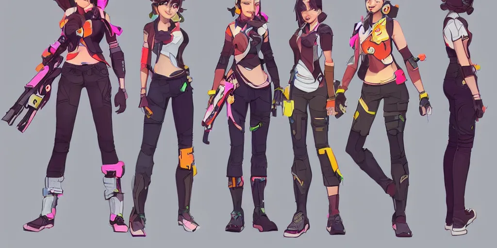 Image similar to character concept art of a mid 2 0's female casual themed outfit, colorful, no helmet, by qui fang and daryl tan, overwatch, studio trigger