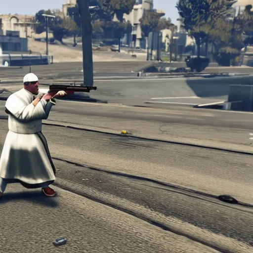 Image similar to the pope shooting a gun as a game character in gta 5, game graphics, game screenshot