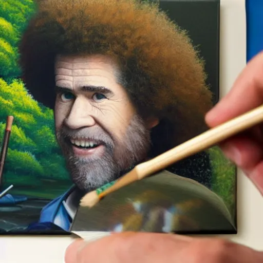 Image similar to a closeup photorealistic photograph of bob ross working on a canvas painting sonic the hedgehog. film still. brightly lit scene. mountains and trees. this 4 k hd image is trending on artstation, featured on behance, well - rendered, extra crisp, features intricate detail, epic composition and the style of unreal engine.