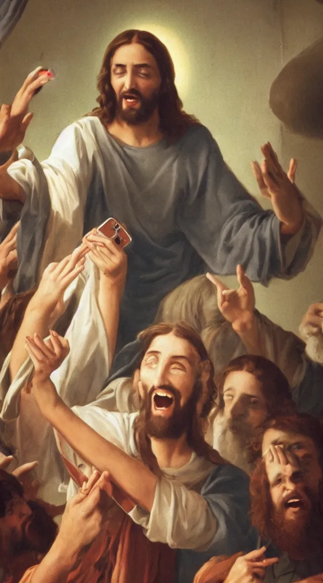 Image similar to Jesus taking a selfie. He is laughing because see a meme.no letters, year 0 clotes, Professional photo