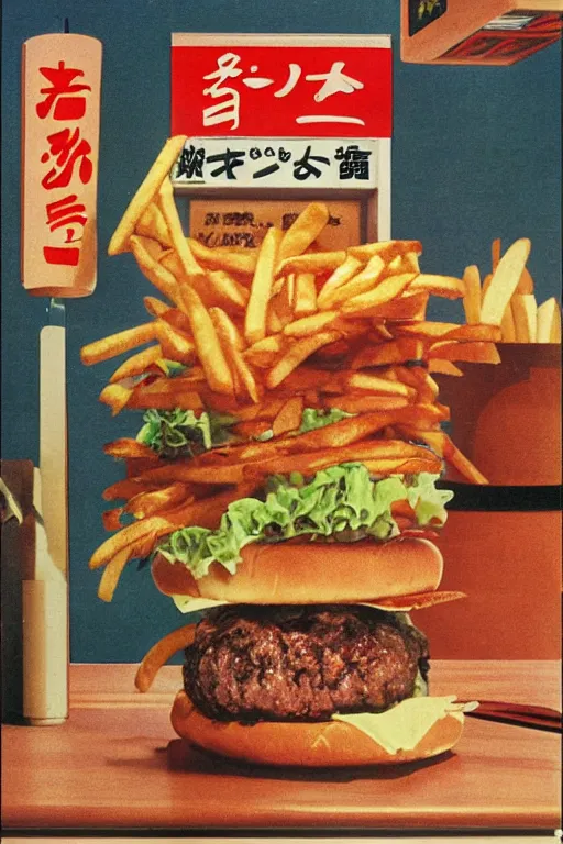 Image similar to burger and fries advertisment, still life, 1 9 7 0 s japan shouwa advertisement, print, nostalgic