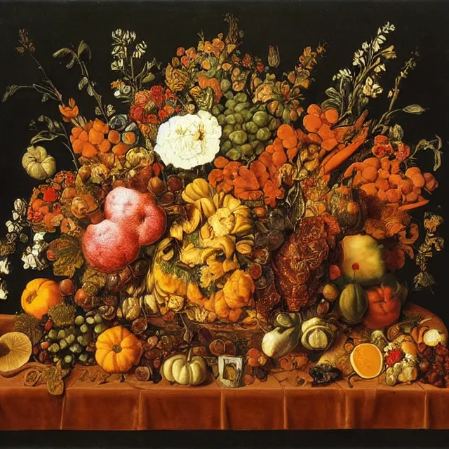 Image similar to thanksgiving supper, flowers and fruit on a wooden table, black background!, still life by giuseppe arcimboldo, vanitas!!, pinterest, maximalist, intricate high detail masterpiece